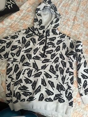 Nike White Hoodie with Black All-Over Swoosh Print